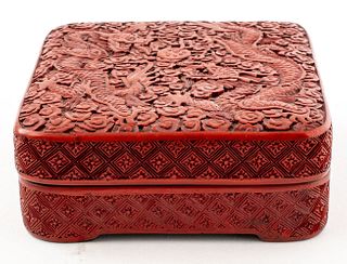 Chinese Carved Cinnabar Lacquer Box w Dragons