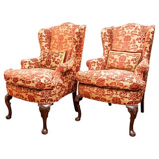 English Upholstered Wing Back Armchairs, Pair