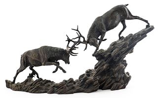 Patinated Bronze Sculpture Of Dueling Stags