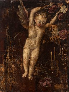 Spanish school; 17th century. "Fragment of a painting with putto". Oil on canvas. Re-coloured.