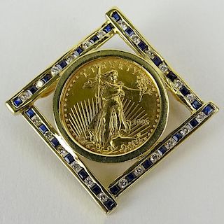 1995 Liberty 1/10 Ounce Five (5) Dollar Fine Gold Coin Pendant with 14 Karat Yellow Gold, Sapphire and Diamond Bezel.