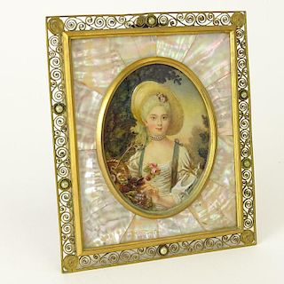 Antique Hand Painted Portrait Miniature in Mother of Pearl and Bronze Filigree Frame.