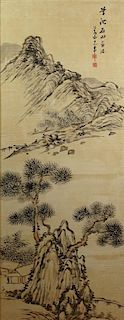 Large Vintage Chinese Watercolor on Paper, Laid Down, "Mountain Landscape"