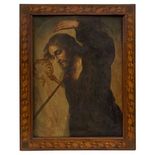 FIRMA SIN IDENTIFICAR. El martirio de Santo Tomás (?) México, sXIX. Óleo sobre lámina de cobre. Enmarcado. 50 x 40 cm.