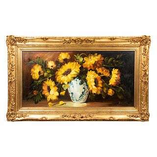 ARÉCHIGA. Bouquet de girasoles. Firmado. Óleo sobre tela. Enmarcado. 60 x 120 cm.