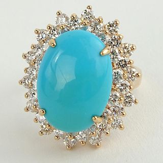 Lady's 8.50 Carat Cabochon Turquoise, 3.0 Carat Round Cut Diamond and 14 Karat Rose Gold Ring.