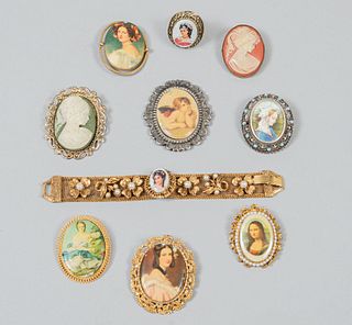 Camafeos, pendientes, pulsera y anillo en metal base dorado y plateado PZ 10
