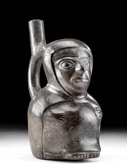 Moche Blackware Seated Figural Stirrup Vessel