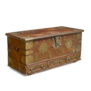 19th C. Indian Brass Mounted Stained Hardwood Chest