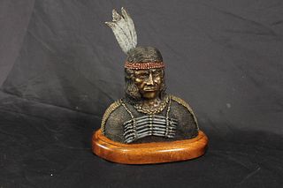 BRONZE EMBELLISHED INDIAN BUST ON WOODEN STAND