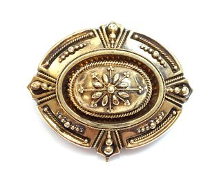 A Victorian archaeological revival Etruscan style shield form brooch, c.1870,