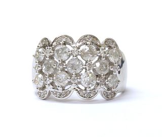 A 9ct white gold five row diamond ring.