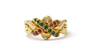 A gold emerald. ruby and diamond set puzzle ring,