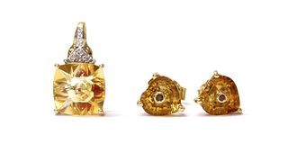 A 9ct gold fantasy cut citrine and diamond pendant,