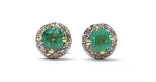 A pair of gold emerald and diamond cluster stud earrings,