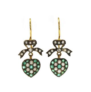 A pair of silver and gold, emerald, diamond and split pearl drop earrings,