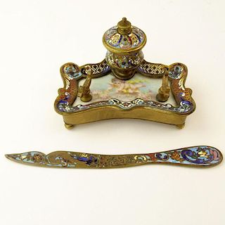 Early 20th Century Bronze and French Cloisonné Enamel and Porcelain Ink Stand With Letter Opener