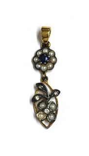 A silver and gold, sapphire, split pearl and diamond pendant,