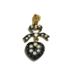 A silver and gold, sapphire, diamond and split pearl drop pendant,