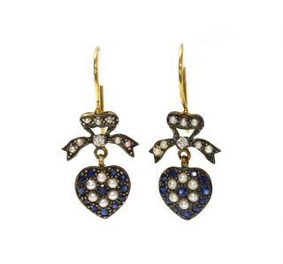 A pair of silver and gold, sapphire, diamond and split pearl drop earrings,