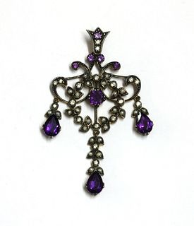 A silver and gold, amethyst, split pearl and diamond pendant,