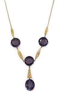 A gold synthetic colour change corundum necklace,