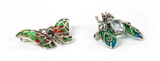 A silver plique-à-jour enamel and assorted gemstone butterfly brooch/pendant,
