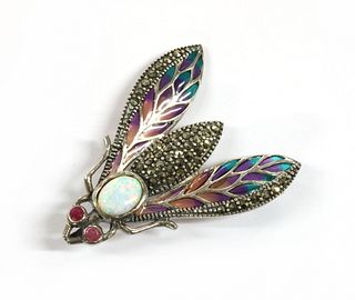A silver plique-à-jour enamel and assorted gemstone insect brooch/pendant,
