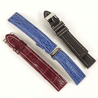 Three (3) Men's Breitling Watch Straps with Stainless Steel Deployment Buckles Including Crocodile, Sharkskin and Fabric.