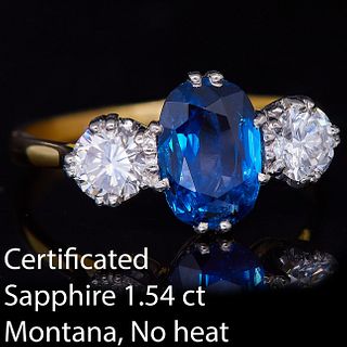 CERTIFICATED 1.54 CT. MONTANA BLUE SAPPHIRE AND DIAMOND 3-STONE RING