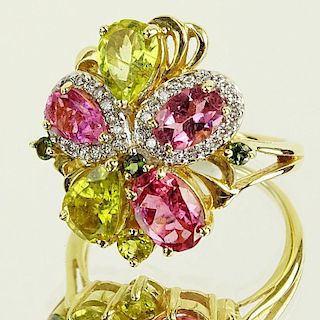 Lady's Vintage Pink Tourmaline, Yellow Quartz, Diamond and 14 Karat Yellow Gold Ring