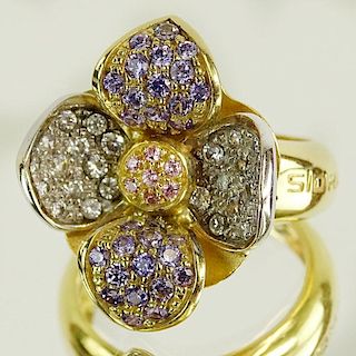 Lady's Vintage Italian Sidra White, Fancy Pink and Purple Diamond and 18 Karat Yellow Gold Flower Ring.
