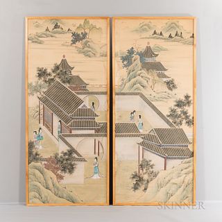 Pair of Framed Chinese Painted Landscape Panels on Silk