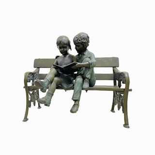Patina Bronze Children on a Bench Sculpture