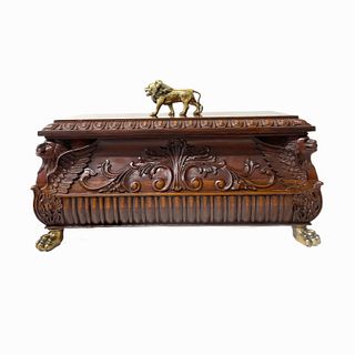 Carved Wood Box With Brass Lion Details