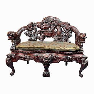 Vintage Chinese Carved Dragon Love Seat