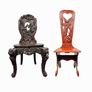 (2) Two Chinese Carved Floral Motif Chairs