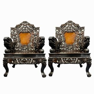 Important Chinese Carved Dragon Throne Chairs