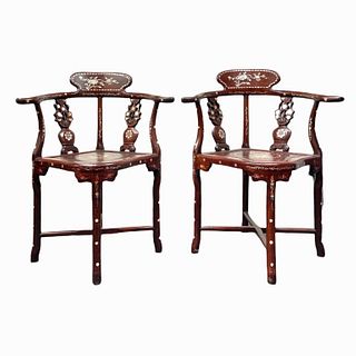 Pair Chinese Carved Inlaid Chairs