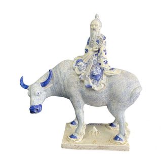 Large Blue And White Porcelain Bull Sculpture