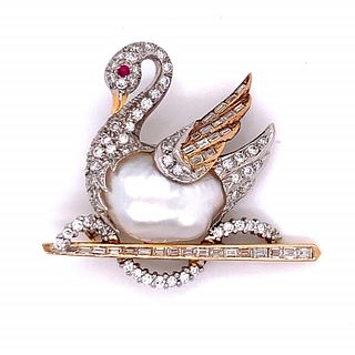 Diamond & Natural Pearl Swan Pin
