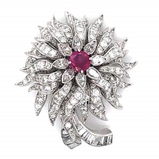 Diamond And Ruby Flower Pin