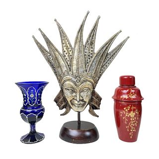 Three Items Art Glass Vase And Lacquered Shaker