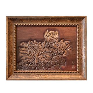 Japanese Carved Wood Floral Panel