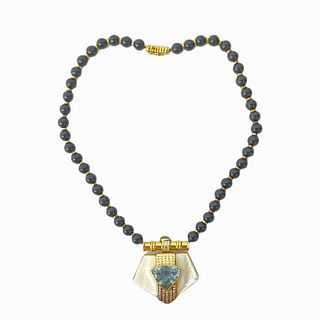 Yellow Gold Beaded Topaz And Mother Of Pearl Neckl