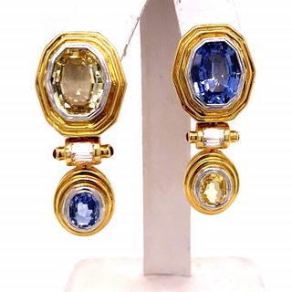 Yellow And Blue Sapphire Diamond Earrings