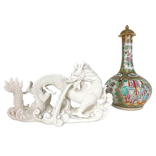 Chinese Famille Rose Covered Vase And Dragon Sculp