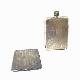 (2) Two Sterling Silver Compact And Flask