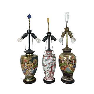 (3) Three Japanese Satsuma Vase Lamps