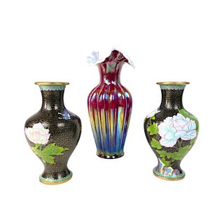 (3) Three Vases. Chinese And Art Glass